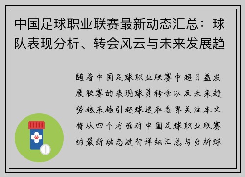 中国足球职业联赛最新动态汇总：球队表现分析、转会风云与未来发展趋势探讨