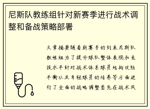 尼斯队教练组针对新赛季进行战术调整和备战策略部署