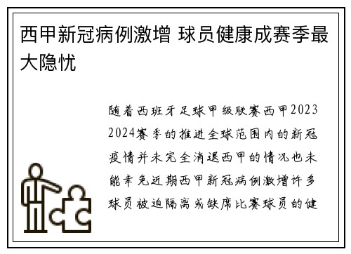 西甲新冠病例激增 球员健康成赛季最大隐忧