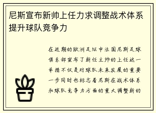 尼斯宣布新帅上任力求调整战术体系提升球队竞争力