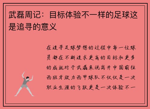 武磊周记：目标体验不一样的足球这是追寻的意义